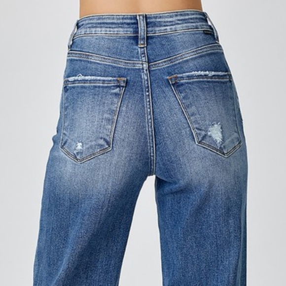 RISEN High-Rise Waist Straight Leg Mom Jeans Relaxed Fit Distressed Denim Pants - Picture 10 of 15